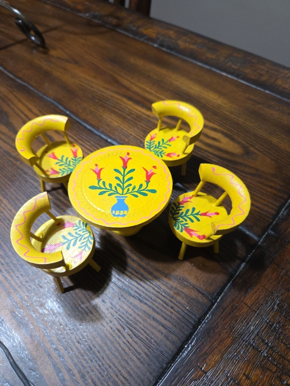 Yellow Hand-Painted  Dollhouse Miniature Table and Chair Set/ JAPAN